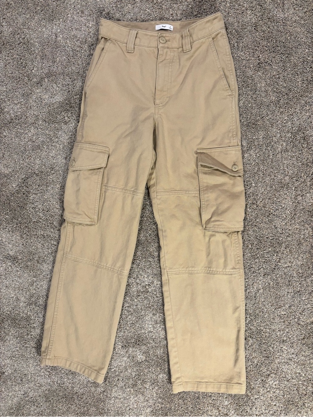 Aritzia TNA Women’s Beige Solid Cotton Twill Cargo Pants Straight Leg Mid Rise 0